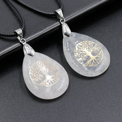 Classical Tree Water Droplets Stainless Steel Natural Stone Pendant Necklace In Bulk