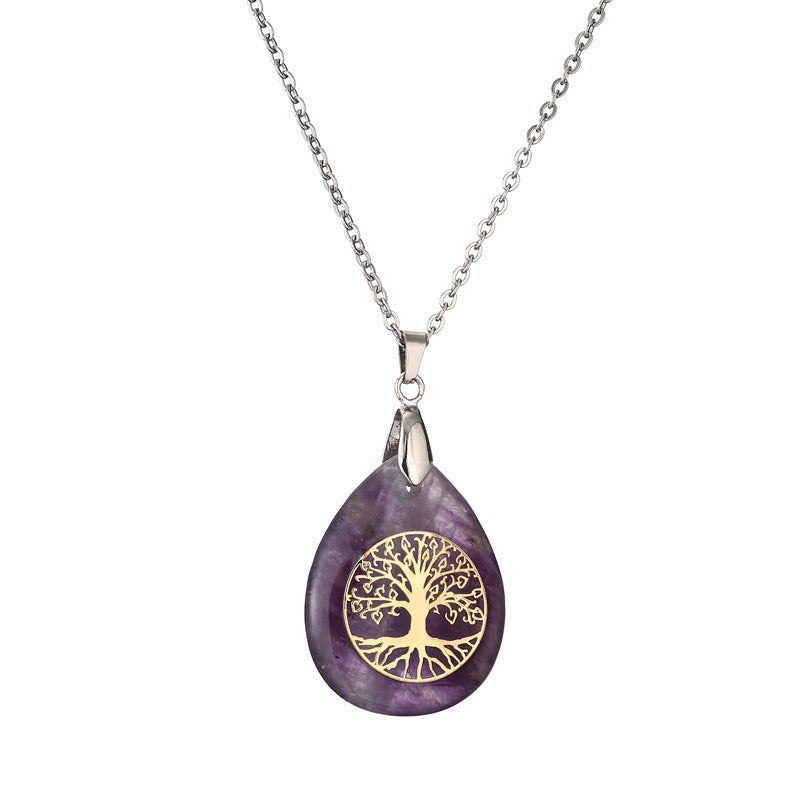 Classical Tree Water Droplets Stainless Steel Natural Stone Pendant Necklace In Bulk