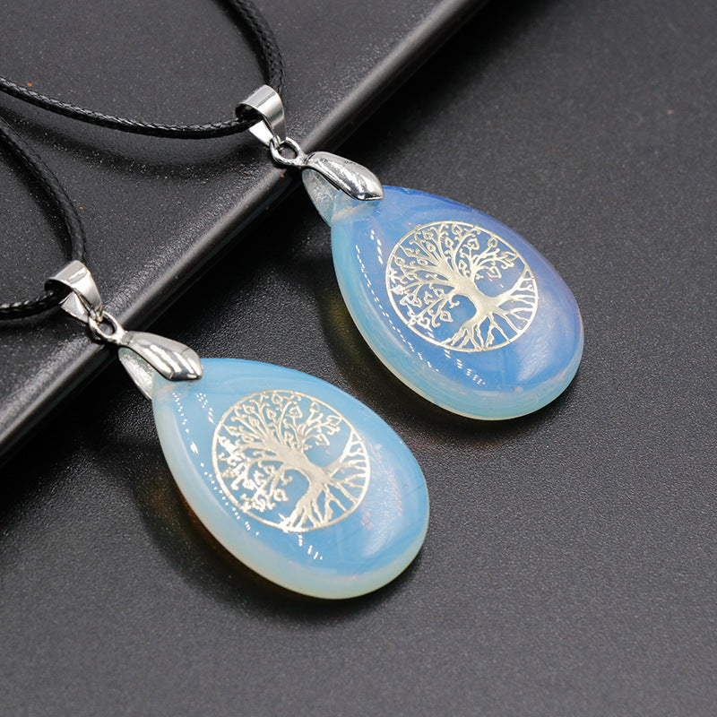 Classical Tree Water Droplets Stainless Steel Natural Stone Pendant Necklace In Bulk