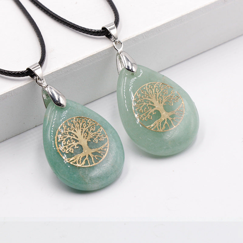 Classical Tree Water Droplets Stainless Steel Natural Stone Pendant Necklace In Bulk