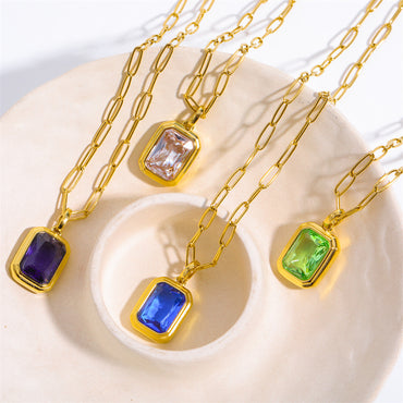 Elegant Vintage Style Square Stainless Steel Plating Inlay Zircon 18k Gold Plated Pendant Necklace Long Necklace