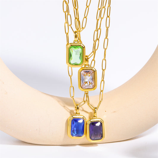 Elegant Vintage Style Square Stainless Steel Plating Inlay Zircon 18k Gold Plated Pendant Necklace Long Necklace