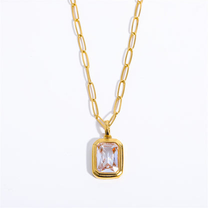 Elegant Vintage Style Square Stainless Steel Plating Inlay Zircon 18k Gold Plated Pendant Necklace Long Necklace