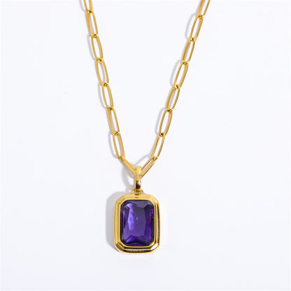 Elegant Vintage Style Square Stainless Steel Plating Inlay Zircon 18k Gold Plated Pendant Necklace Long Necklace