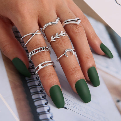 Simple Moon Leaf Geometric Alloy Plating Silver 7-piece Set Ring