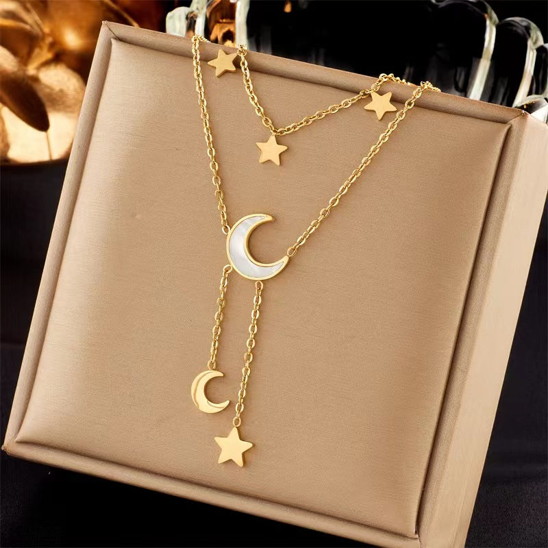 Elegant Retro Lady Star Moon Titanium Steel Plating Layered Necklaces