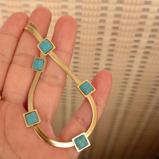 Vintage Style Square Titanium Steel Plating Inlay Turquoise 18k Gold Plated Bracelets Necklace