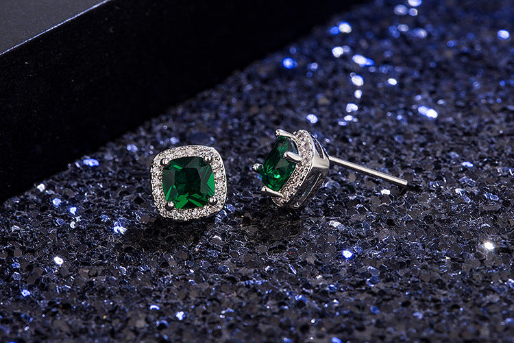 Fashion Square Diamond-set Zircon Emerald Copper Earrings