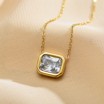 Elegant Square Stainless Steel Inlay Zircon Pendant Necklace