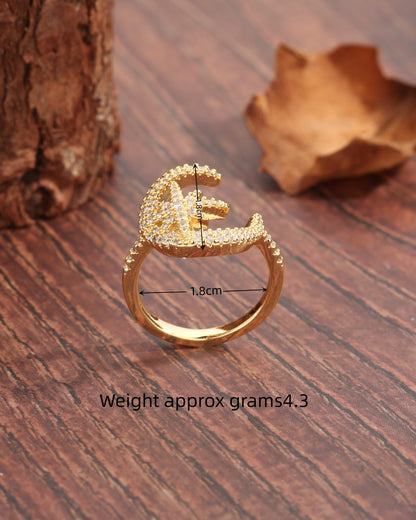 Glam Shiny Star Moon Copper Plating Inlay Zircon 18k Gold Plated Rings