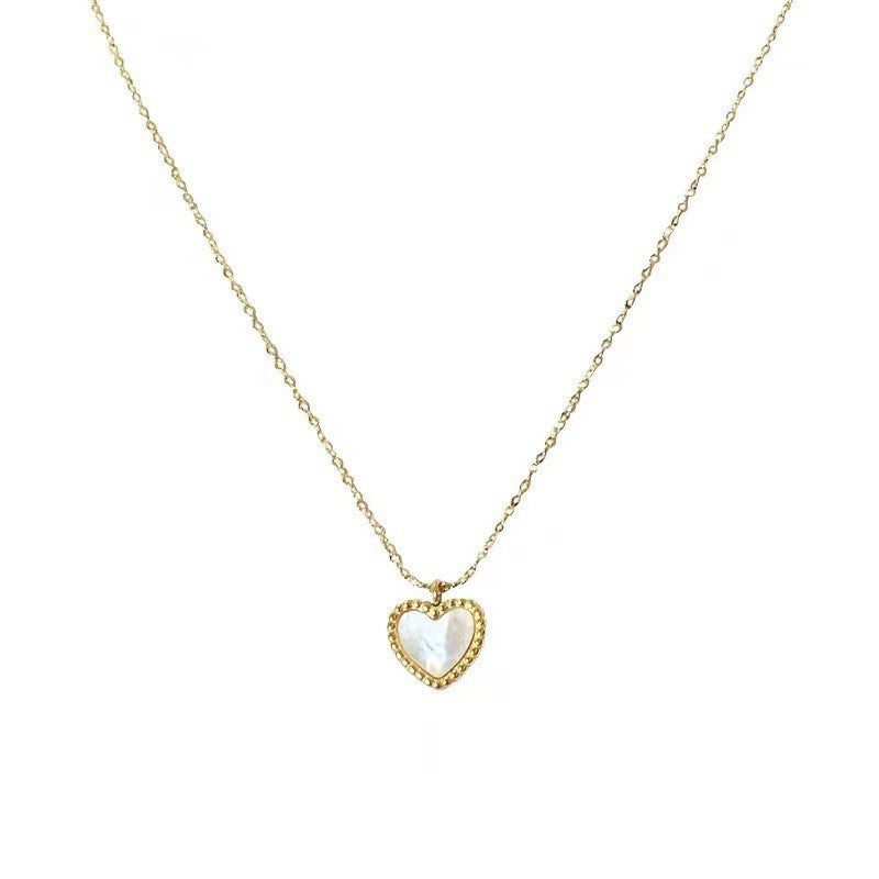 Sweet Heart Shape Stainless Steel Plating Inlay Shell Zircon 18k Gold Plated Pendant Necklace