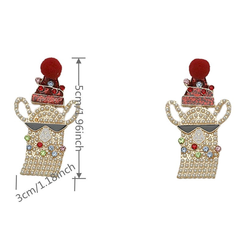 Cute Alpaca Alloy Inlay Artificial Pearls Rhinestones Christmas Women's Drop Earrings