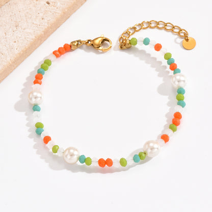 Casual Vacation Round Colorful Stainless Steel Austrian Crystal Beaded Pearl Bracelets