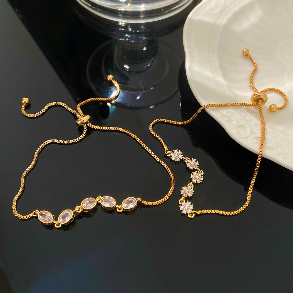 Ig Style Sweet Oval Flower Butterfly Copper 14k Gold Plated Zircon Drawstring Bracelets In Bulk