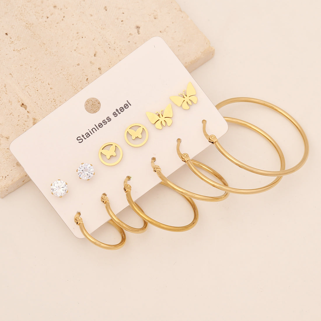 6 Pairs Simple Style Commute Star Heart Shape Butterfly Inlay Stainless Steel Zircon Earrings