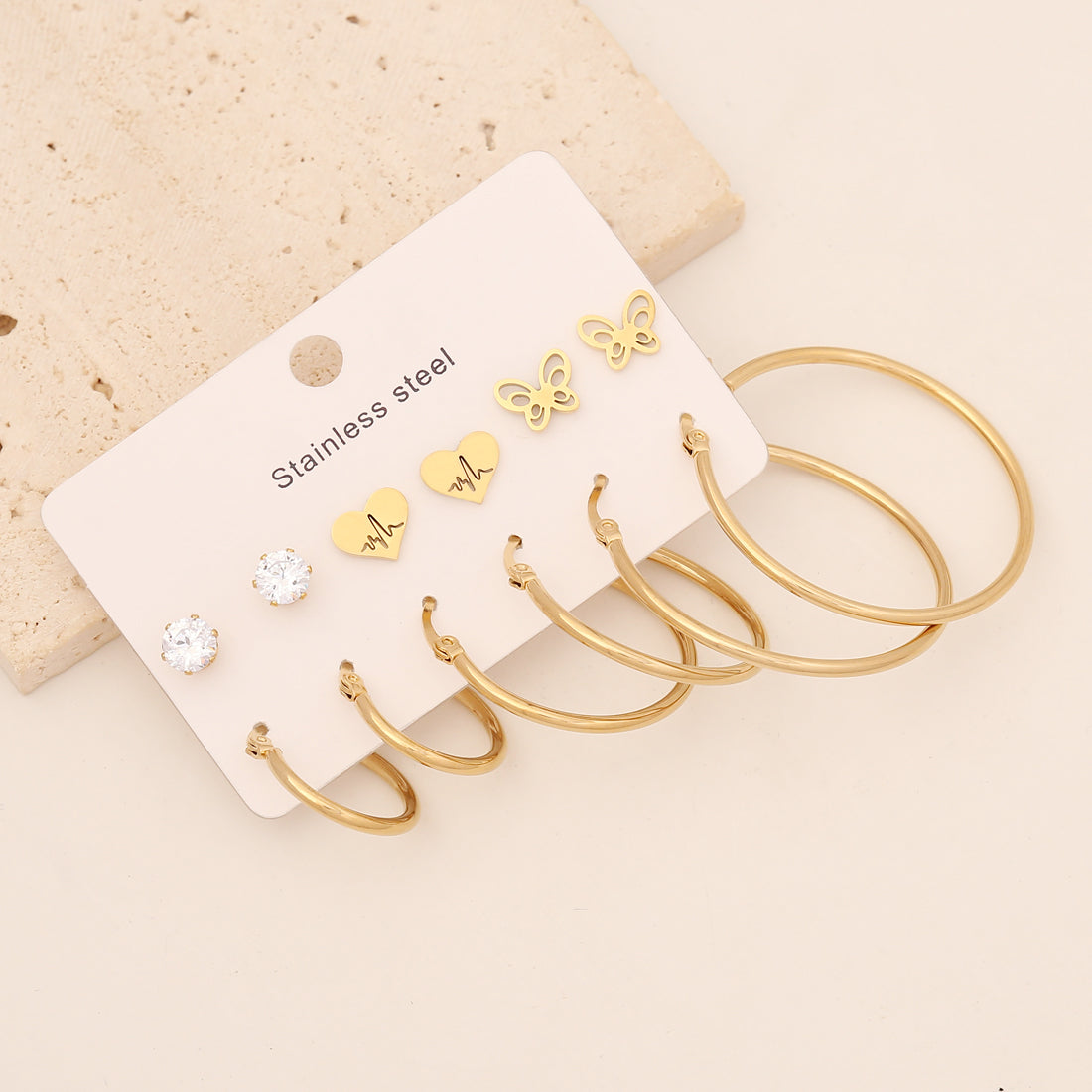 6 Pairs Simple Style Commute Star Heart Shape Butterfly Inlay Stainless Steel Zircon Earrings