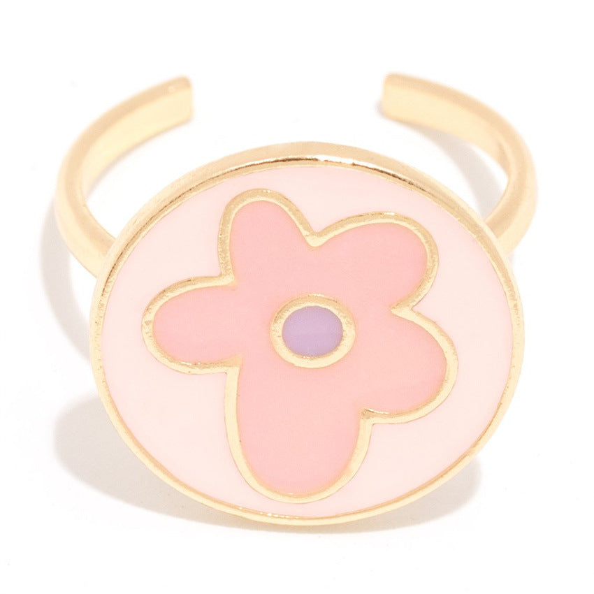 Sweet Flower Copper Enamel Plating 18k Gold Plated Open Ring