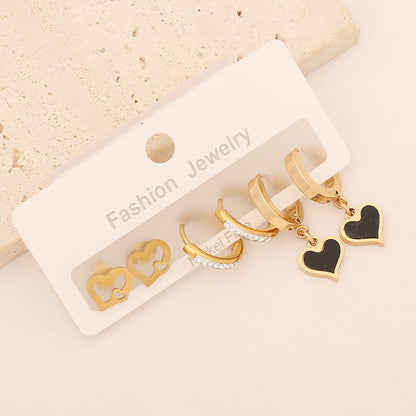 1 Set Classic Style Commute Star Moon Heart Shape Enamel Inlay Stainless Steel Zircon Earrings