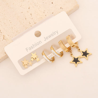 1 Set Classic Style Commute Star Moon Heart Shape Enamel Inlay Stainless Steel Zircon Earrings