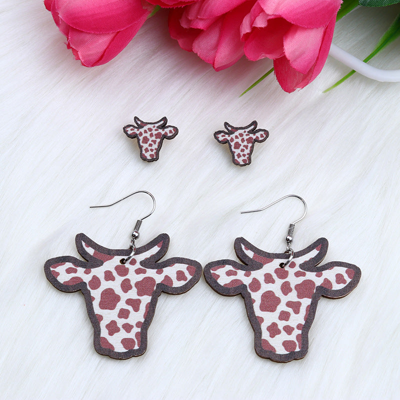 Casual Simple Style Cow Pattern Cattle Wood Printing Women's Drop Earrings Ear Studs