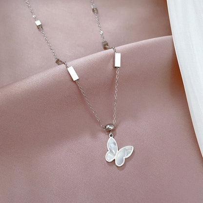 Lady Butterfly Titanium Steel Plating Inlay Shell Pendant Necklace