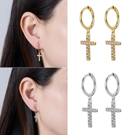 1 Pair Elegant Lady Cross Plating Inlay Sterling Silver Zircon 18k Gold Plated White Gold Plated Drop Earrings