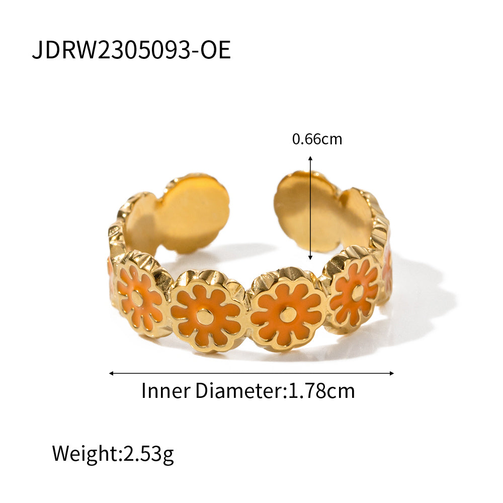 Vacation Flower Stainless Steel Enamel 18k Gold Plated Rings