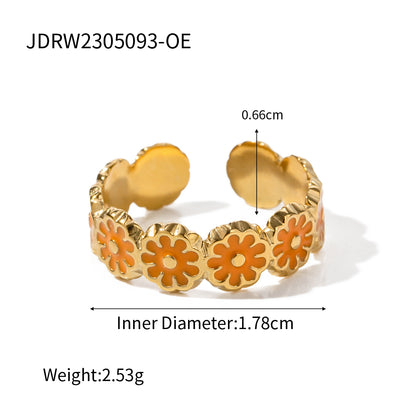 Vacation Flower Stainless Steel Enamel 18k Gold Plated Rings