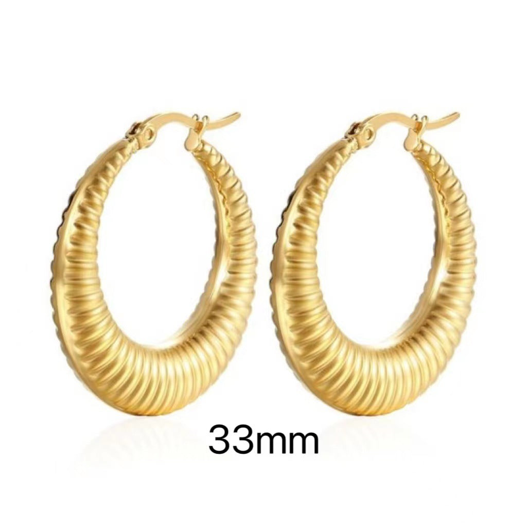 1 Pair Original Design Solid Color Spiral Stripe Plating Titanium Steel Hoop Earrings