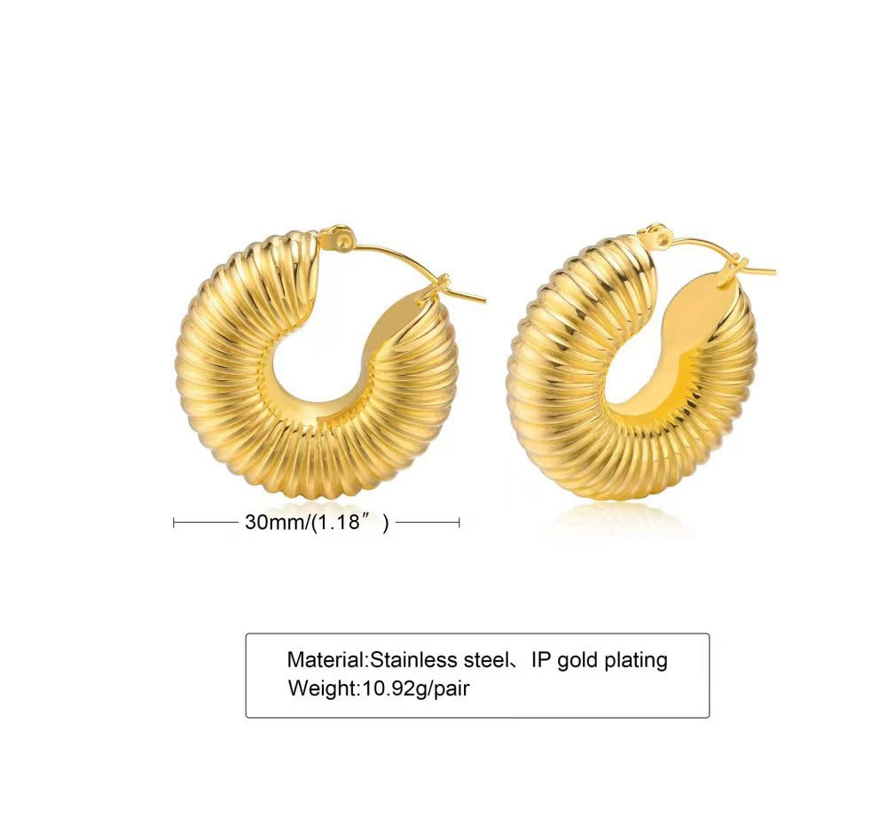 1 Pair Original Design Solid Color Spiral Stripe Plating Titanium Steel Hoop Earrings