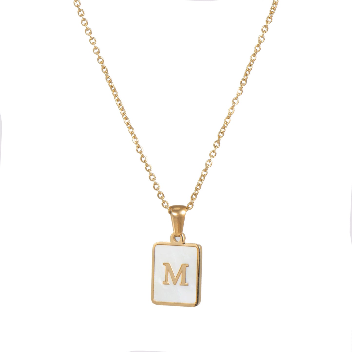 Vintage Style Letter Square Stainless Steel Plating Inlay Shell 18k Gold Plated Pendant Necklace