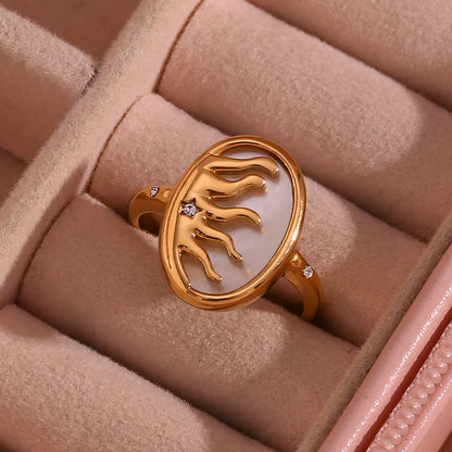 Vintage Style Classic Style Sun Stainless Steel 18k Gold Plated Rhinestones Shell Open Ring In Bulk