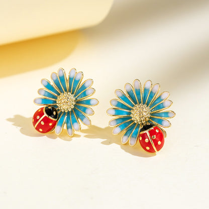 1 Pair Pastoral Beetles Daisy Enamel Plating Alloy 18k Gold Plated Ear Studs