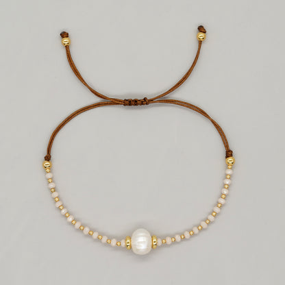 Casual Simple Style Round Artificial Crystal Freshwater Pearl Beaded Drawstring Braid Bracelets