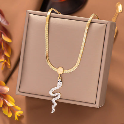 Elegant Simple Style Geometric Snake Titanium Steel Plating Inlay Zircon Pendant Necklace