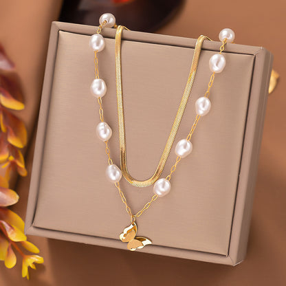 Casual Elegant Butterfly Titanium Steel Toggle Pearl Plating Layered Necklaces