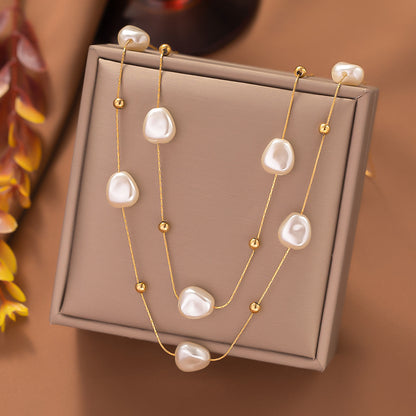 Simple Style Classic Style Geometric Imitation Pearl Titanium Steel Plating Layered Necklaces