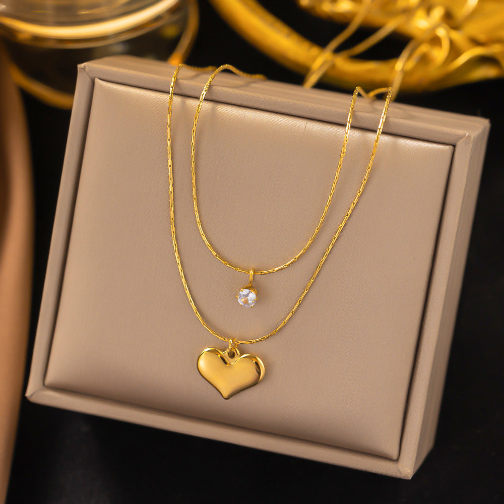 304 Stainless Steel 18K Gold Plated Simple Style Plating Inlay U Shape Heart Shape Acrylic Artificial Rhinestones Plastic Pendant Necklace