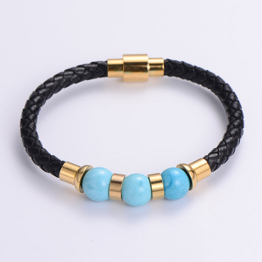 Casual Multicolor Stainless Steel Pu Leather Natural Stone Beaded Plating Braid 24k Gold Plated Wristband Bracelets