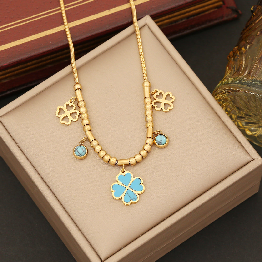 Wholesale Elegant Flower Stainless Steel Plating Inlay Turquoise Bracelets Earrings Necklace
