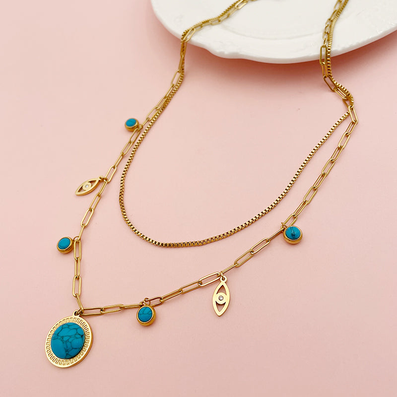 Retro Round Eye Stainless Steel Plating Inlay Turquoise Gold Plated Layered Necklaces