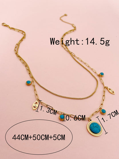 Retro Round Eye Stainless Steel Plating Inlay Turquoise Gold Plated Layered Necklaces