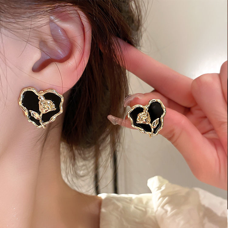 1 Pair Sweet Heart Shape Rose Flower Inlay Imitation Pearl Alloy Rhinestones Earrings