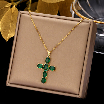 Ethnic Style Cross Stainless Steel Inlay Zircon Pendant Necklace