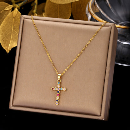 Ethnic Style Cross Stainless Steel Inlay Zircon Pendant Necklace