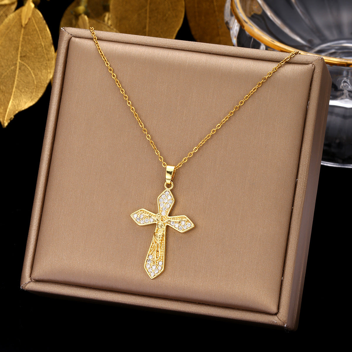 Ethnic Style Cross Stainless Steel Inlay Zircon Pendant Necklace