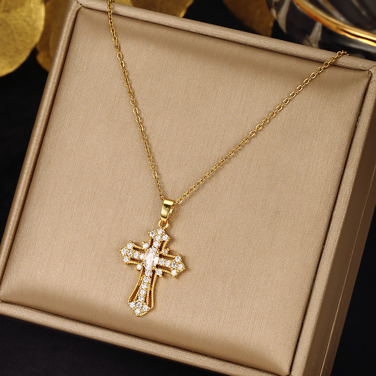 Ethnic Style Cross Stainless Steel Inlay Zircon Pendant Necklace