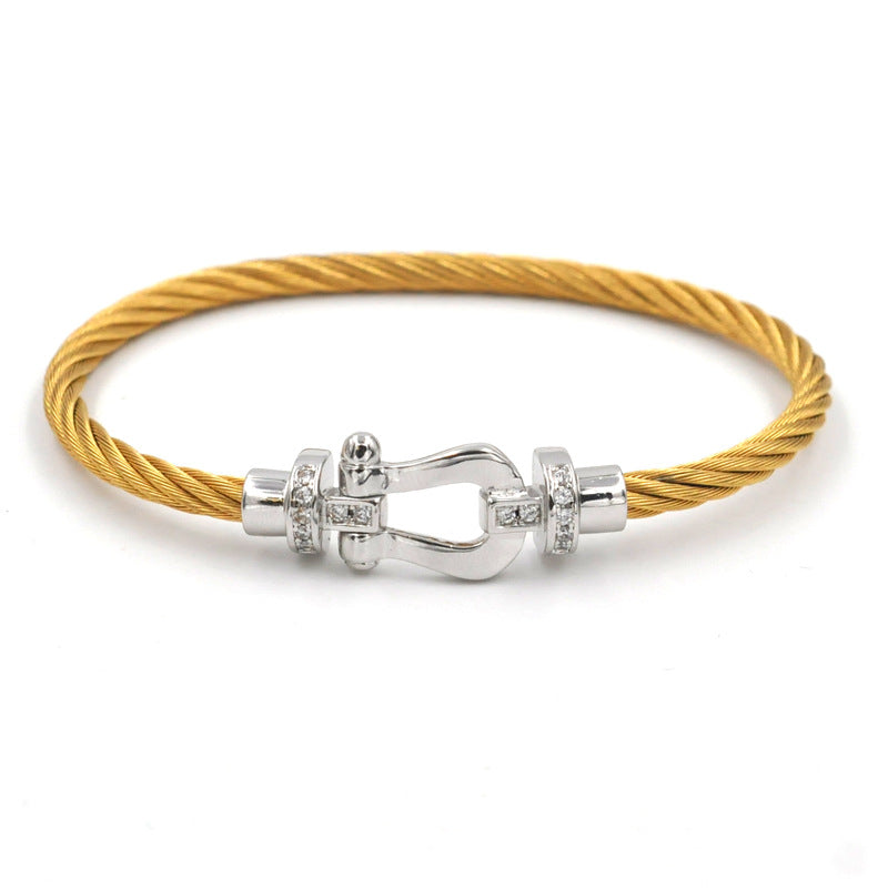 Casual Simple Style Horseshoe Titanium Steel Copper Plating Inlay Zircon Gold Plated Bangle