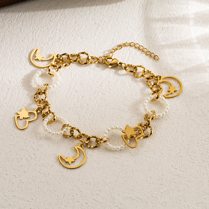 Casual Devil's Eye Moon Heart Shape Stainless Steel Imitation Pearl Layered Enamel Gold Plated Bracelets