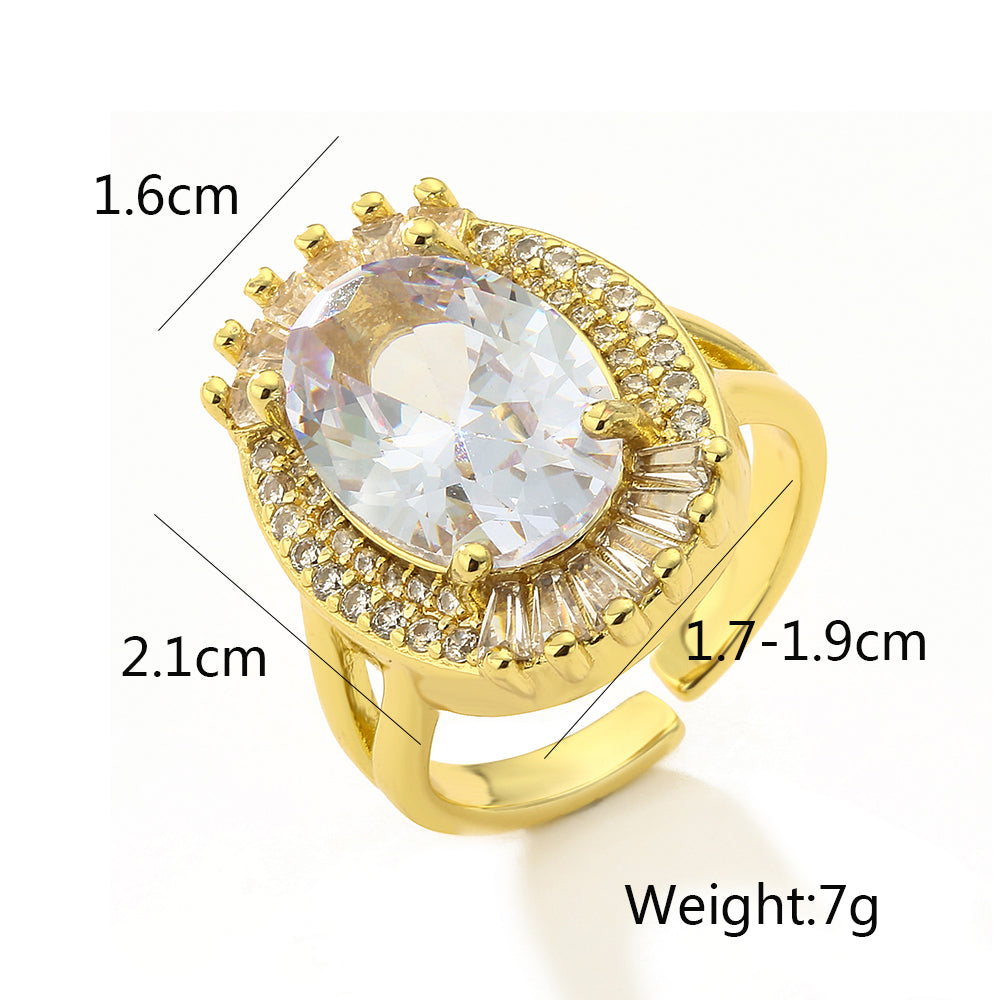 Retro Luxurious Oval Copper Plating Inlay Zircon 18k Gold Plated Open Ring